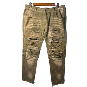 1738 Dynasty Jeans 36 Distressed Streetwear Green Biker Moto Denim Ripped Men's